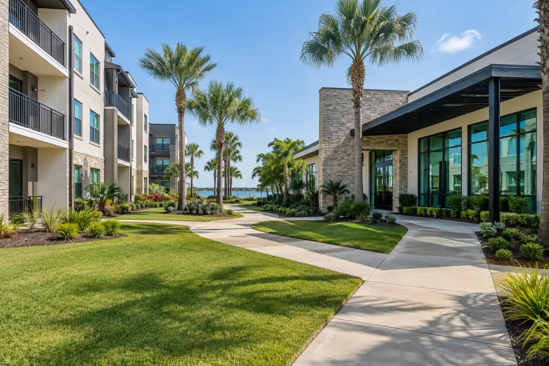 Professional office and retail center grounds maintained by SiteHarbor