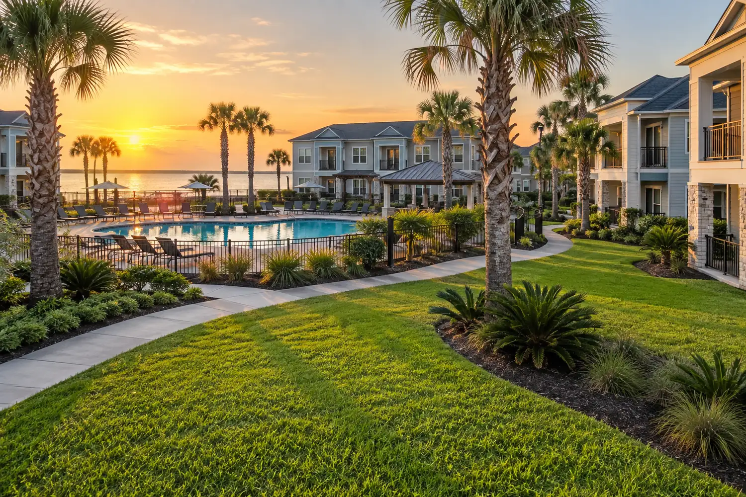 Professionally maintained coastal property with lawn and pool in Corpus Christi